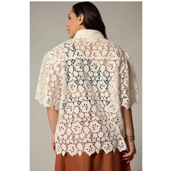 NWT-Anthropologie-Maeve-Cutout Lace Short Sleeve Shirt - White - XL - Picture 8 of 11